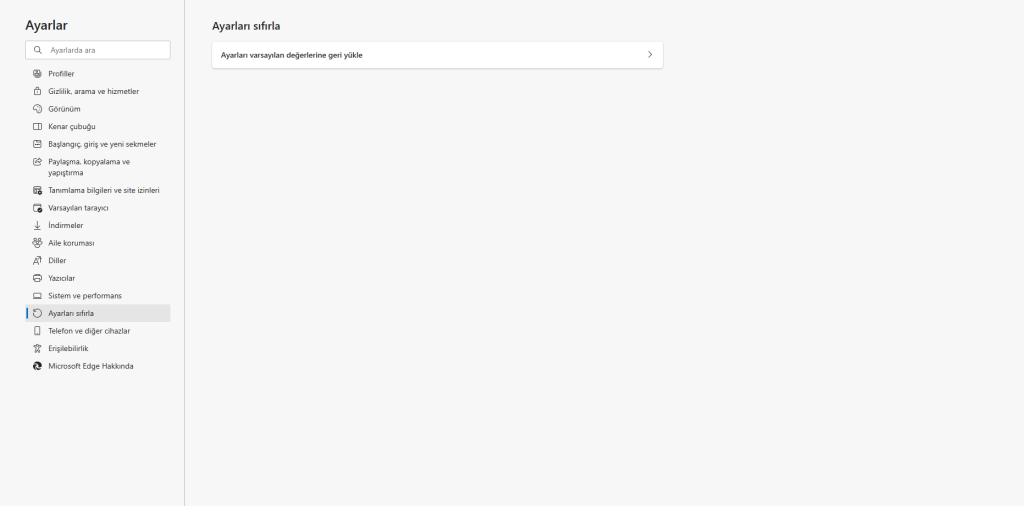Microsoft Edge ayarları sıfırlama menüsü
